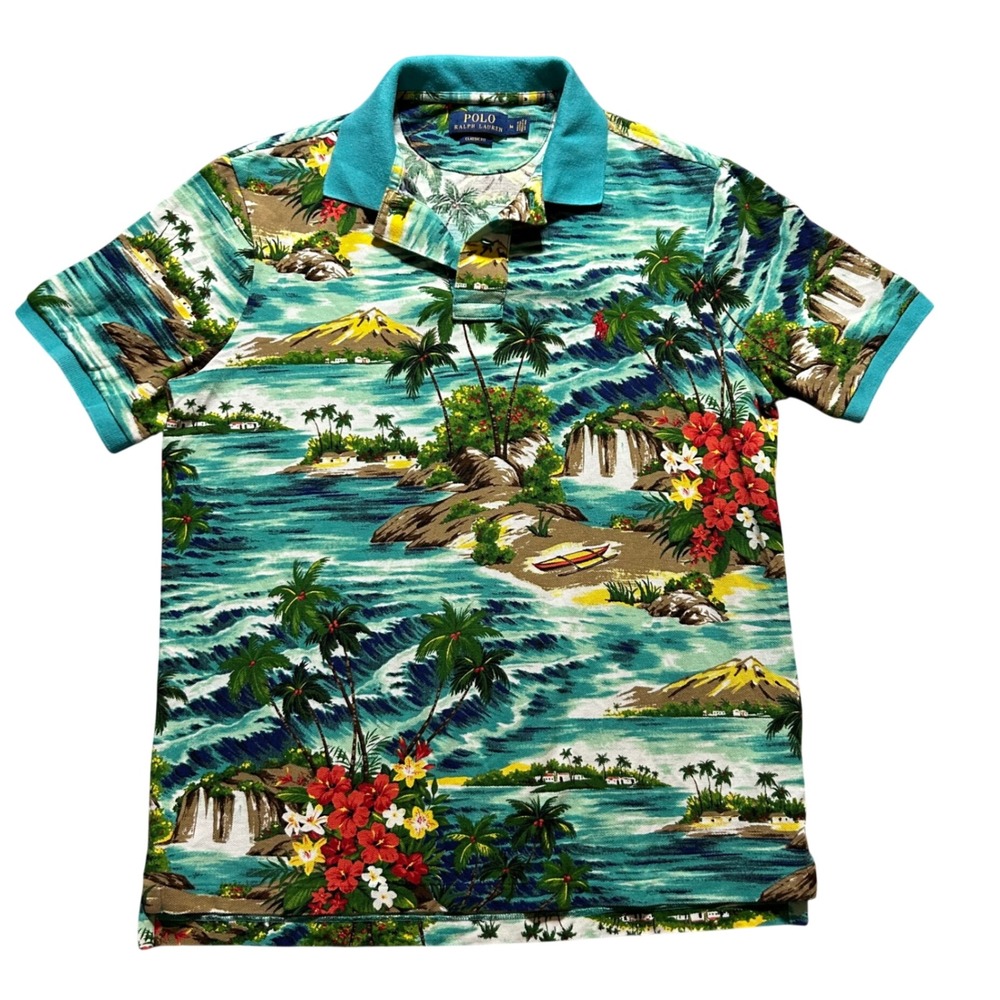 Polo Ralph Lauren Polo Shirt Mens M Turquoise Tropical Island Floral Classic Fit